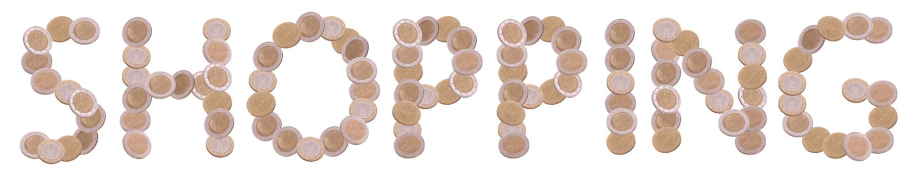 shopping - written with coins on white background