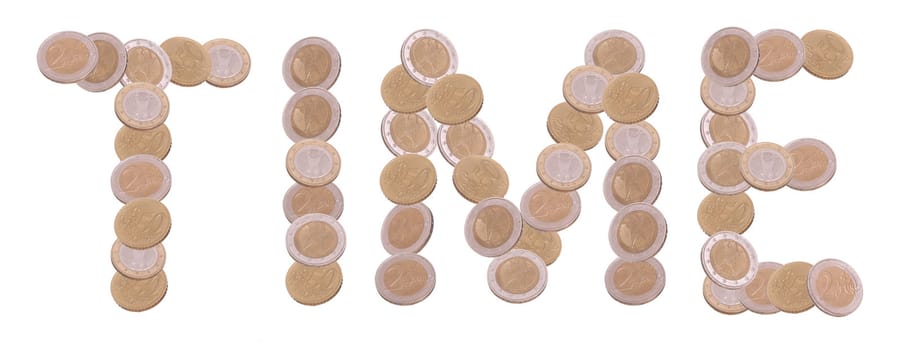 time - written with coins on white background