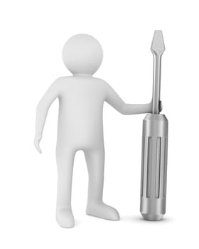 Man and screwdriver on white background. Isolated 3D image