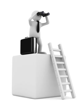 man on box and staircase. Isolated 3D image