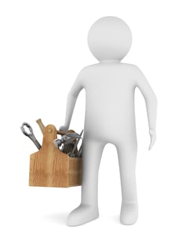 Man with wooden toolbox. Isolated 3D image