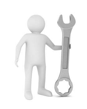 Man and spanner on white background. Isolated 3D image