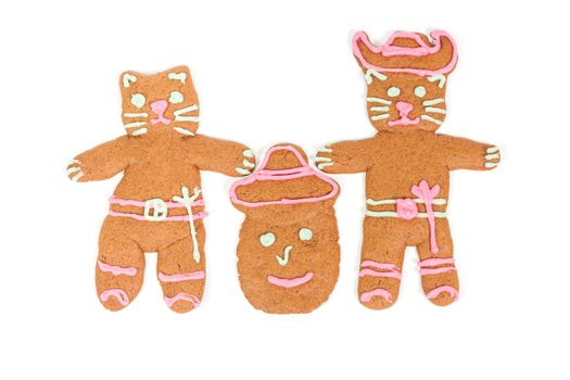 Puss in Boots, Humpty Dumpty and Kitty Softpaws gingerbread cookies isolated over white background
