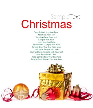 Gold gift and colorful decorations on a white background with sample text