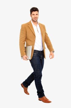 young handsome man holding a laptop isolated on a white background