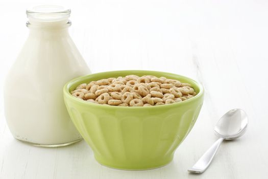 Delicious and nutritious lightly toasted honey, nuts and oats cereal with milk.