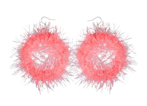 Pink fluffy earrings on a white background. isolated on a white background. Collage.