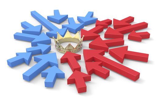 Political concept image with arrows symbolizing opponents, pointing to crown who symbolize power