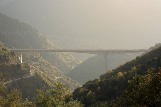 big bridge between two mountains in middle greece