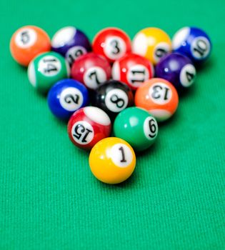 Pool game balls on green felt table