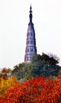 Ancient Baochu Pagoda West Lake Hangzhou Zhejiang China .  Pagoda was constructed in 963AD