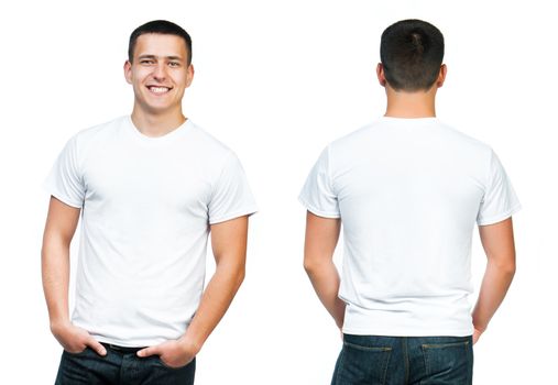 White t-shirt on a young man isolated, front and back