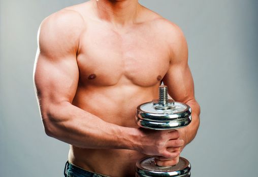 Torso of handsome muscular man use his dumbbell to exercise