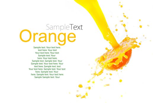 orange juice splash isolated on white background with sample text