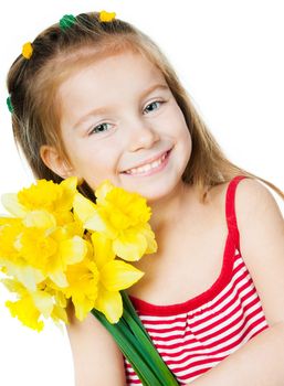 Smiling little girl with flowers on a white background