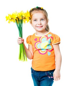 Cute little girl with flowers on a white background