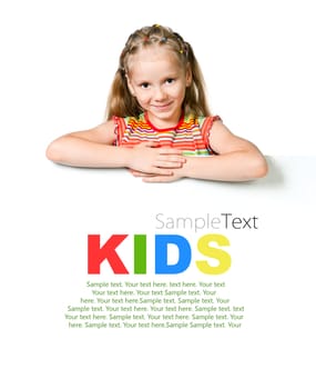 cute little girl behind a white banner with sample text