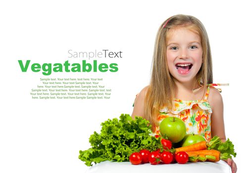 little sweet girl with vegetables with sample text