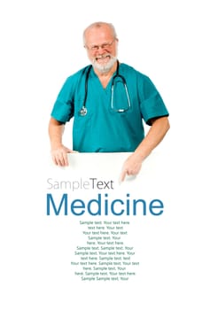 smiling doctor shows on a white banner with sample text