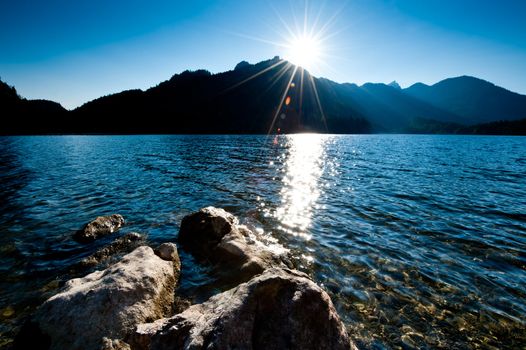 Late Sun over Schwarzensee, a Lake in Upper Austria. With Lens Flares