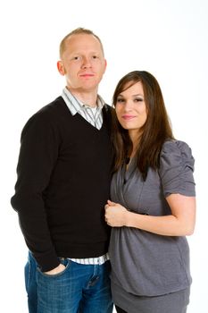 A couple in the studio on an isolated white background for a portrait.