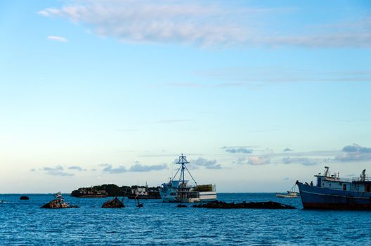 View of damaged ships late evening in San Andres, Colombia