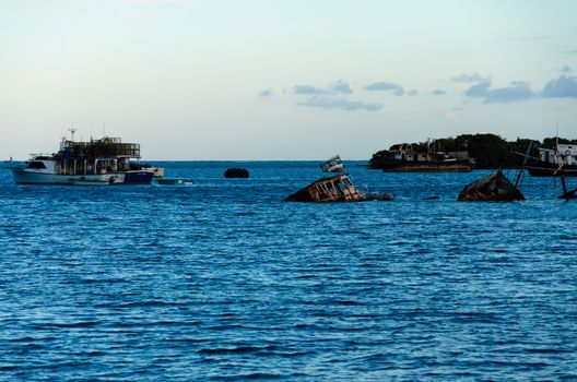 View of damaged ships late evening in San Andres, Colombia