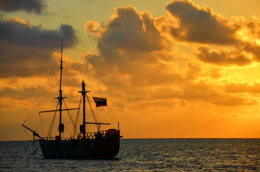 Caribbean sunrise with a pirate ship in San Andres, Colombia
