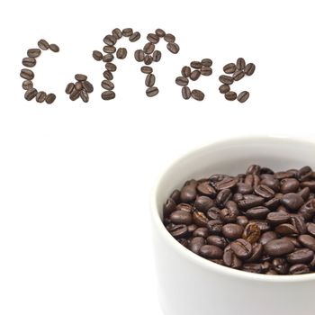 A cup and coffee beans on white background