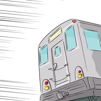 Fast moving public transit subway train over white background