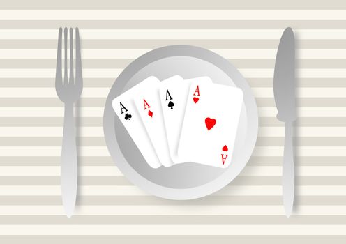 table prepared with a poker of aces in the dish