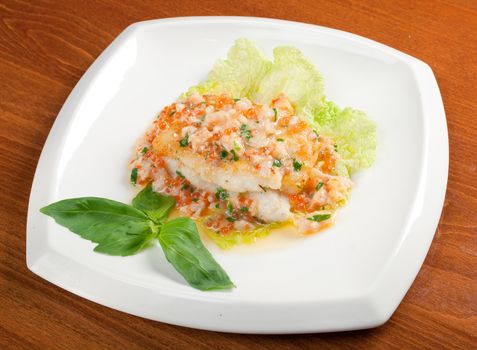codfish with halibut and red roe