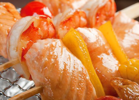 Japanese skewered  seafoods vegetables ,Yakitori  .closeup