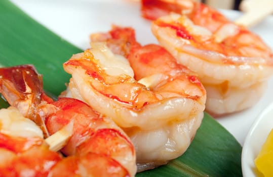 Japanese skewered  seafoods  royal prawn .closeup
