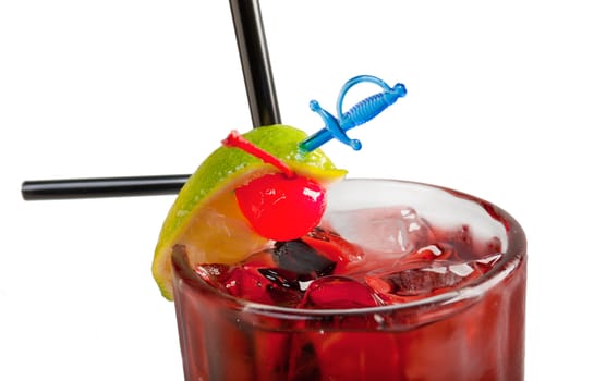red coctail drink with ice cubs.isolated on white background.