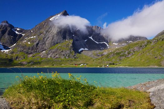 Sunny fjord on Lofoten islands in Norway during arctic summer