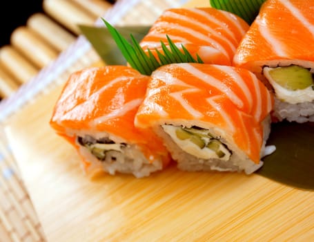 Japanese sushi . traditional japanese food .Roll made of salmon