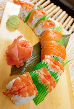 Japanese sushi . traditional japanese food.Roll made of salmon and prawn