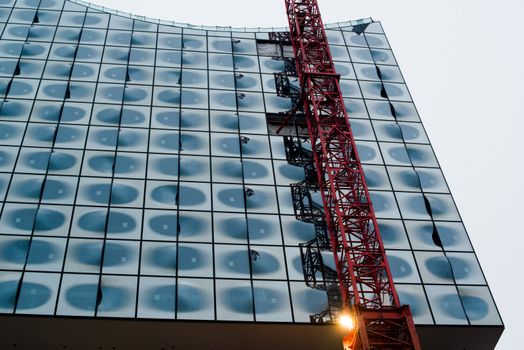 Construction site of Hamburg Elbphilharmonie (the new philharmonic building) in harbour area Speicherstadt in Hamburg, Germany.