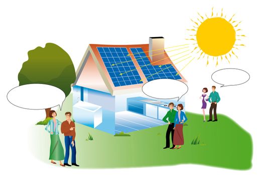 Couples with bubble dialogue for a real estate purchase a solar home