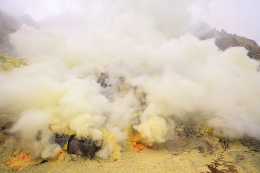 Landscape of Sulfur Mine at Khawa Ijen Volcano Crater Java Island Indonesia