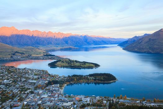 Aerial Cityscape View of Queenstown New Zealand Sunset