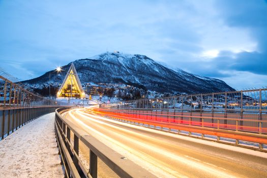Tromso Arctic Cathedral Church in Norway at dusk twilight