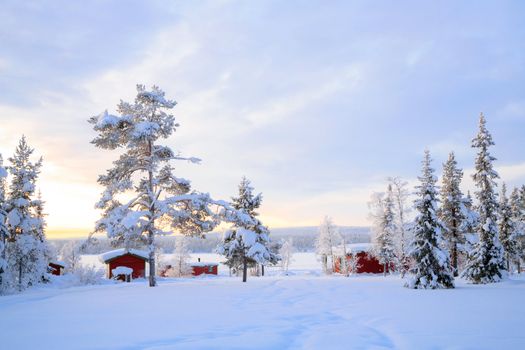 Winter landscape with house at Kiruna Sweden lapland