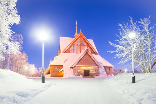Kiruna cathedral church Architecture Sweden at dusk twilight with star trail