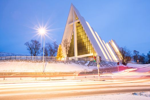 Tromso Arctic Cathedral Church in Norway at dusk twilight