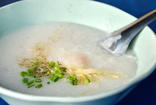 Rice gruel with egg close up, Healthy eating 