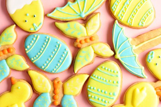 Easter homemade gingerbread cookie over pink