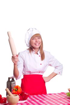 beautiful cook woman hold a plunger over white background