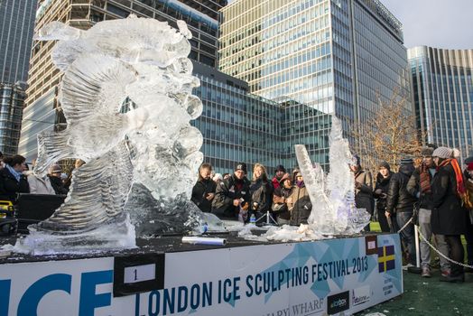 LONDON, UK - JANUARY 13: The Swedish team's freestyle modality sculptures at the London Ice Sculpture Festival, in Canary Wharf. January 13, 2013 in London.